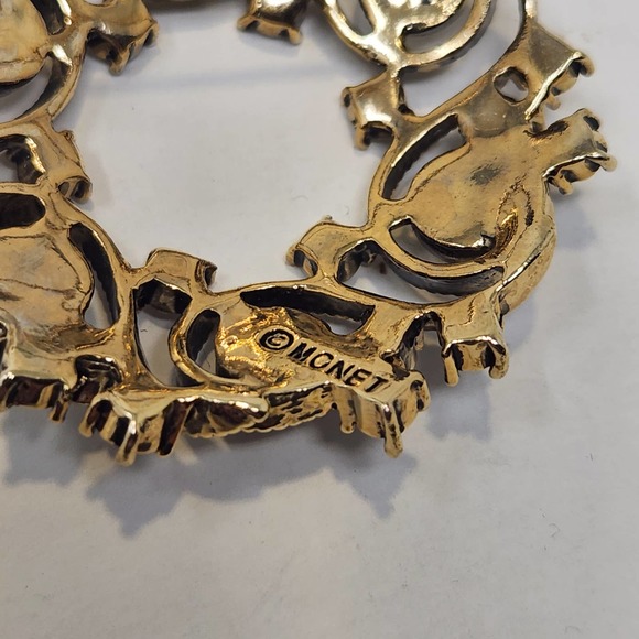 Monet Gold Tone Faux Pearl Crystal Wreath Brooch Pin Swirls Open Work Circle - Picture 4 of 5